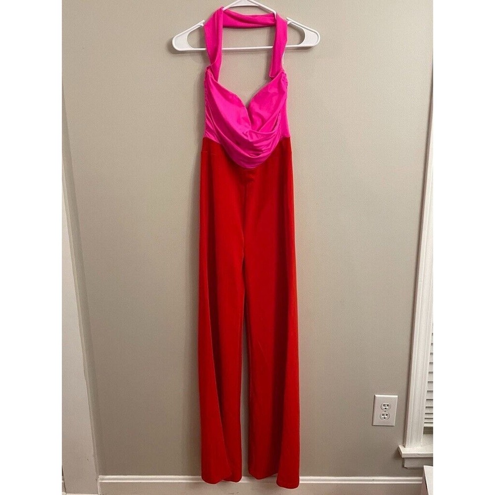 Fashion Nova Cool and Composed Jumsuit Red/Neon Pink Medium Flare Pant Club - Picture 1 of 10